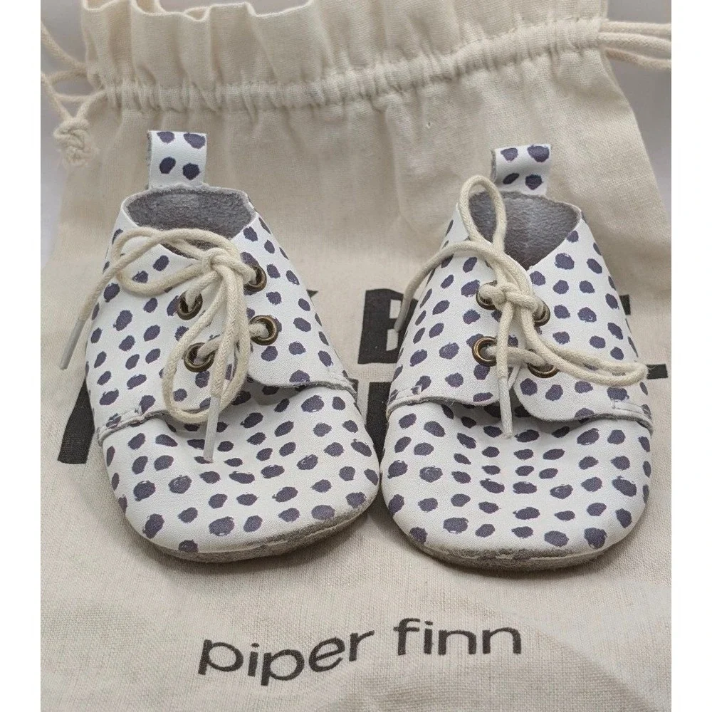 Piper Finn Baby Moccasins Size 3 Purple Polka Dot Leather Shoes + Bag